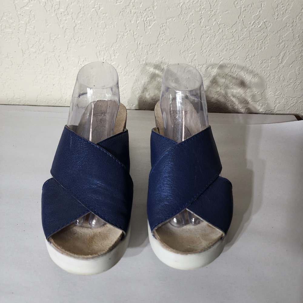 Fly London Navy Blue Leather Cross Strap Wedge Slide Sandals Womens 41 US 10 - Picture 3 of 10
